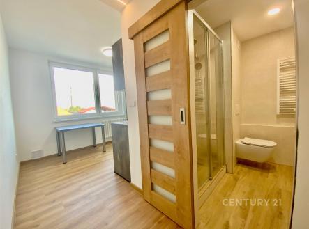 Rekonstruovaná koupelna s dřevěnými posuvnými dveřmi a moderní sprchou, vedle světlého pokoje s parketovou podlahou a velkými okny. | Pronájem bytu, 1+1, 30 m²