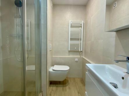 Moderní koupelna s dřevěnou podlahou, sprchový kout a závěsné WC, světlé dlaždičky dodávají elegantní vzhled. | Pronájem bytu, 1+1, 30 m²