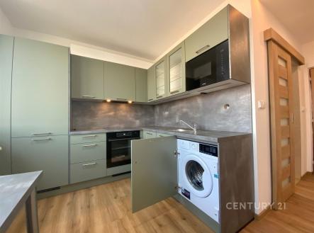 Moderní kuchyň s vestavěnými spotřebiči, parketovou podlahou a elegantními skříňkami v zelenošedém odstínu. | Pronájem bytu, 1+1, 30 m²