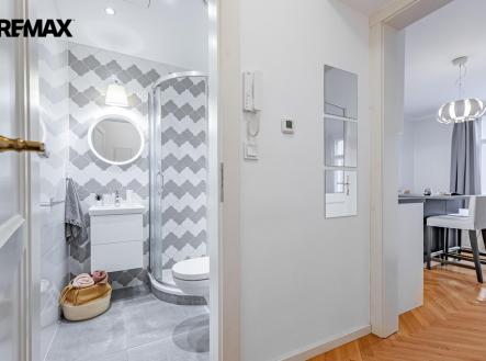 Pohled z předsíně do koupelny a obývacího pokoje | Prodej bytu, 1+kk, 30 m²