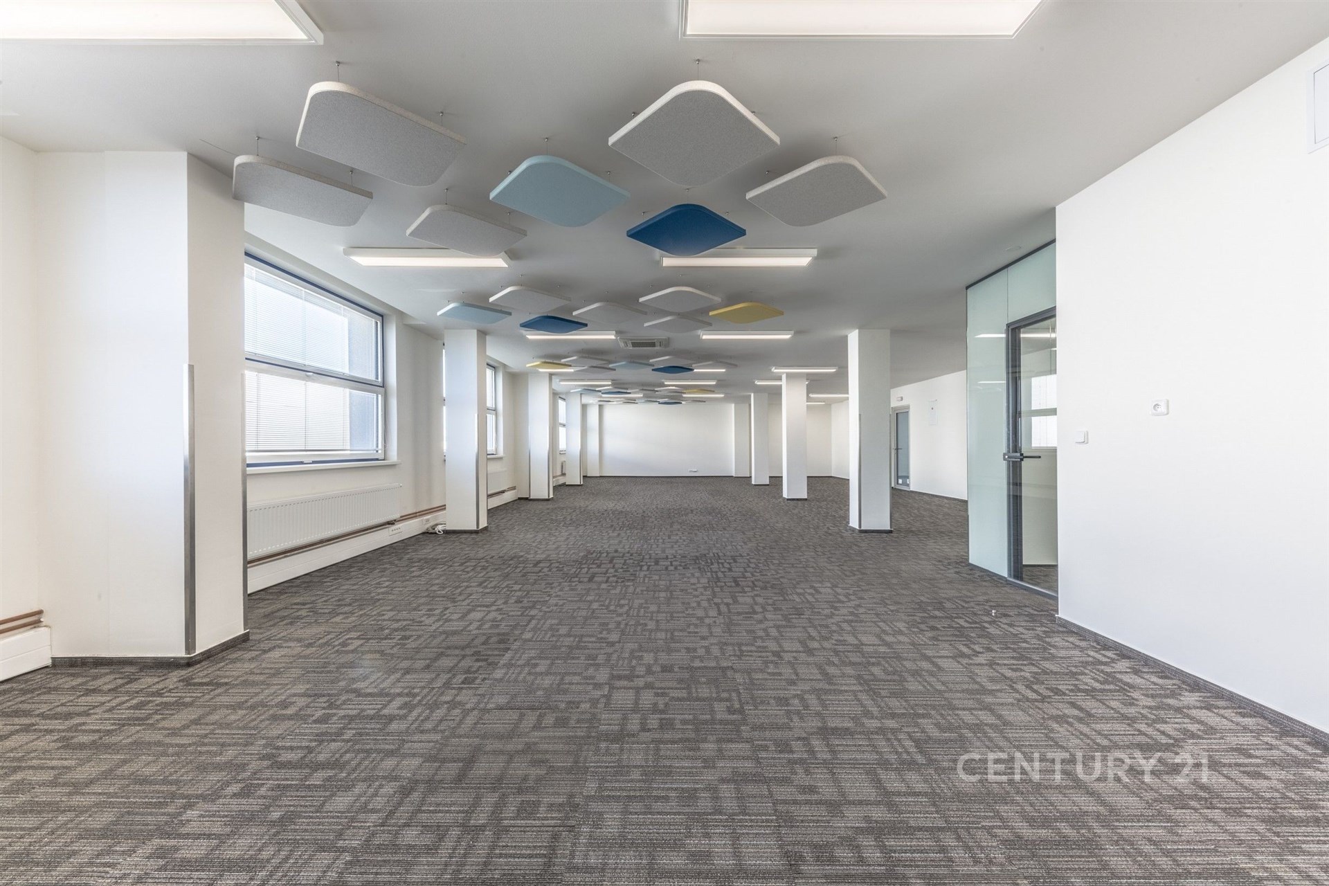 Prostorná kancelář s moderním kobercem, velkými okny a skleněnými příčkami v minimalistickém stylu.