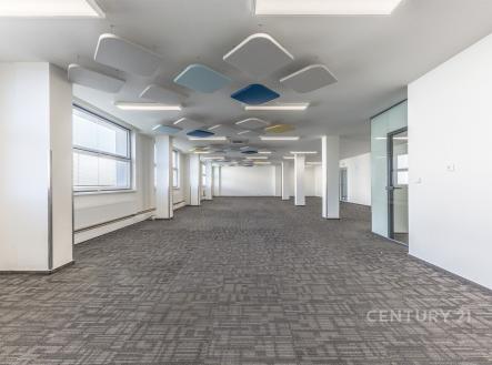 Prostorná kancelář s moderním kobercem, velkými okny a skleněnými příčkami v minimalistickém stylu. | Pronájem - kanceláře, 152 m²