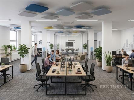 Moderní kancelářský prostor s otevřeným uspořádáním, kvalitní koberec, velká okna zajišťující dostatek světla, ergonomický nábytek. | Pronájem - kanceláře, 91 m²