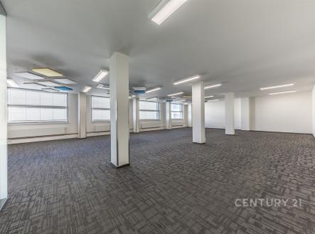 Prostorná komerční kancelář s moderním kobercem, vestavěnými světly a velkými okny poskytujícími dostatek přirozeného světla | Pronájem - kanceláře, 91 m²