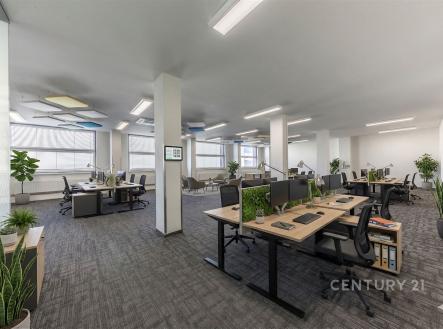 Moderní otevřená kancelář, světla zářivková osvětlení, kobercová krytina, velká okna zajišťují dostatek denního světla, kvalitní kancelářský nábytek. | Pronájem - kanceláře, 61 m²