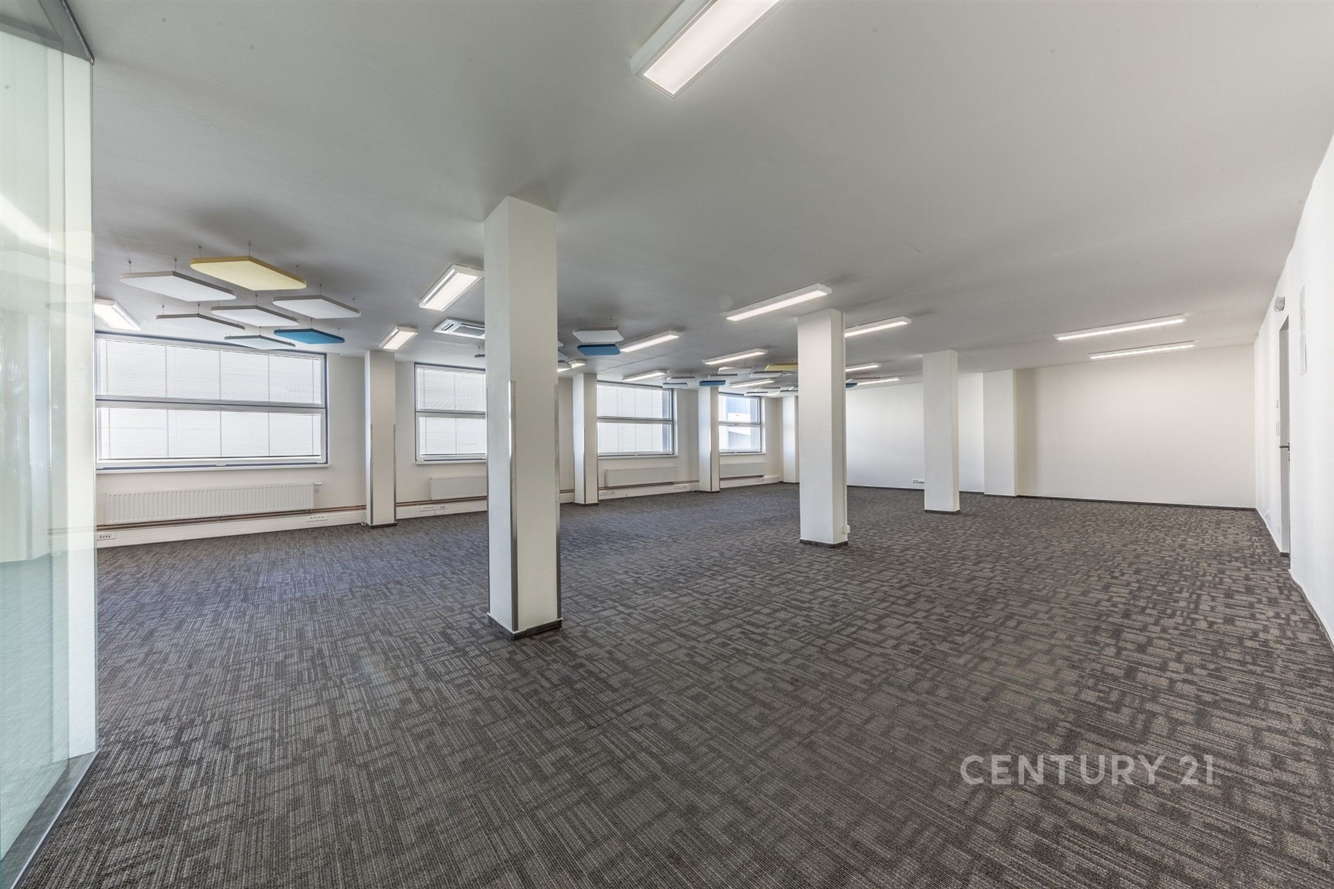 Prostorná komerční kancelář s moderním kobercem, vestavěnými světly a velkými okny poskytujícími dostatek přirozeného světla