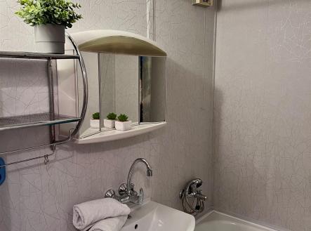 Kompaktní koupelna s bílými obklady, vanou a moderním umyvadlem. Stříbrné doplňky a dekorativní rostliny dodávají svěží vzhled. | Pronájem bytu, 2+kk, 42 m²