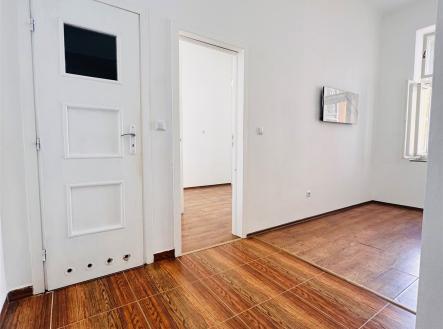 Vstupní předsíň s dřevěnou podlahou, vysoké stropy, světlé stěny, moderní vzhled, přístup do dalších místností, prostorný interiér. | Pronájem bytu, 2+kk, 30 m²