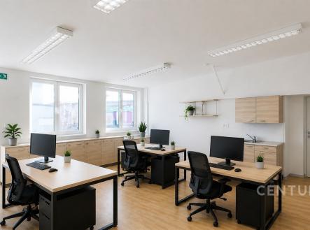 Světlá kancelář s moderním nábytkem, parketovou podlahou, velkými okny a vestavěnými skříněmi, ideální pro podnikání | Pronájem - kanceláře, 70 m²