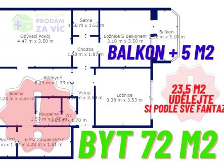 BYT + balkon 72 + 5 m2 | Prodej bytu, 3+1, 72 m²