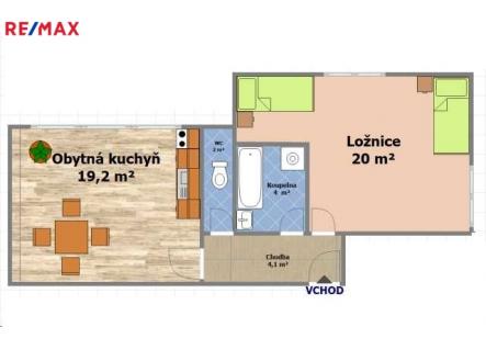 dispozice bytu ... | Pronájem bytu, 2+kk, 50 m²