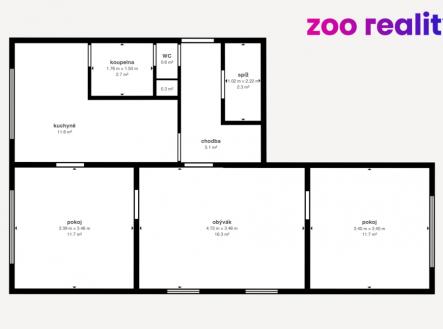půdorys - dispozice | Prodej bytu, 3+1, 69 m²