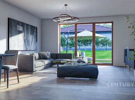 Světlý obývací pokoj s moderním nábytkem, parketovou podlahou a velkými okny s výhledem na zahradu, dodávající prostoru svěžest a eleganci. | Prodej - dům/vila, 125 m²