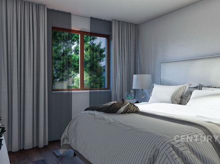 Světlá ložnice s velkými okny a parketovou podlahou, moderní design a vkusně zařízené, poskytuje útulný prostor k relaxaci. | Prodej - dům/vila, 125 m²