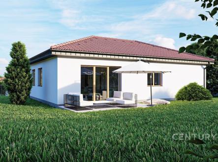 Jednopodlažní rodinný dům s červenou taškovou střechou, moderní fasádou a velkými okny, obklopený zeleným trávníkem a venkovním posezením | Prodej - dům/vila, 98 m²
