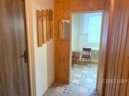 Vstupní chodba s dřevěným obložením, keramická dlažba s geometrickým vzorem a zrcadlo, které opticky zvětšuje prostor. | Pronájem bytu, 1+1, 33 m²