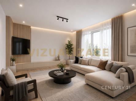 Světlý obývací pokoj s moderní sedací soupravou, velkými okny a dřevěným obložením stěn, které vytváří útulnou atmosféru; elegantní interiér. | Prodej - dům/vila, 133 m²