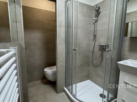 Moderní koupelna s rohovým sprchovým koutem, světle šedé dlažby a závěsným WC, vestavěné skříně nabízí elegantní řešení úložného prostoru. | Pronájem bytu, 1+1, 46 m²