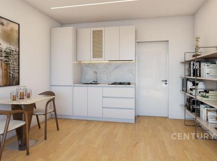 Kuchyňský kout s moderními skříňkami, parketovou podlahou a velkým oknem. Stylová dekorace a regály na knihy vytváří útulné prostředí. | Prodej bytu, 1+kk, 33 m²