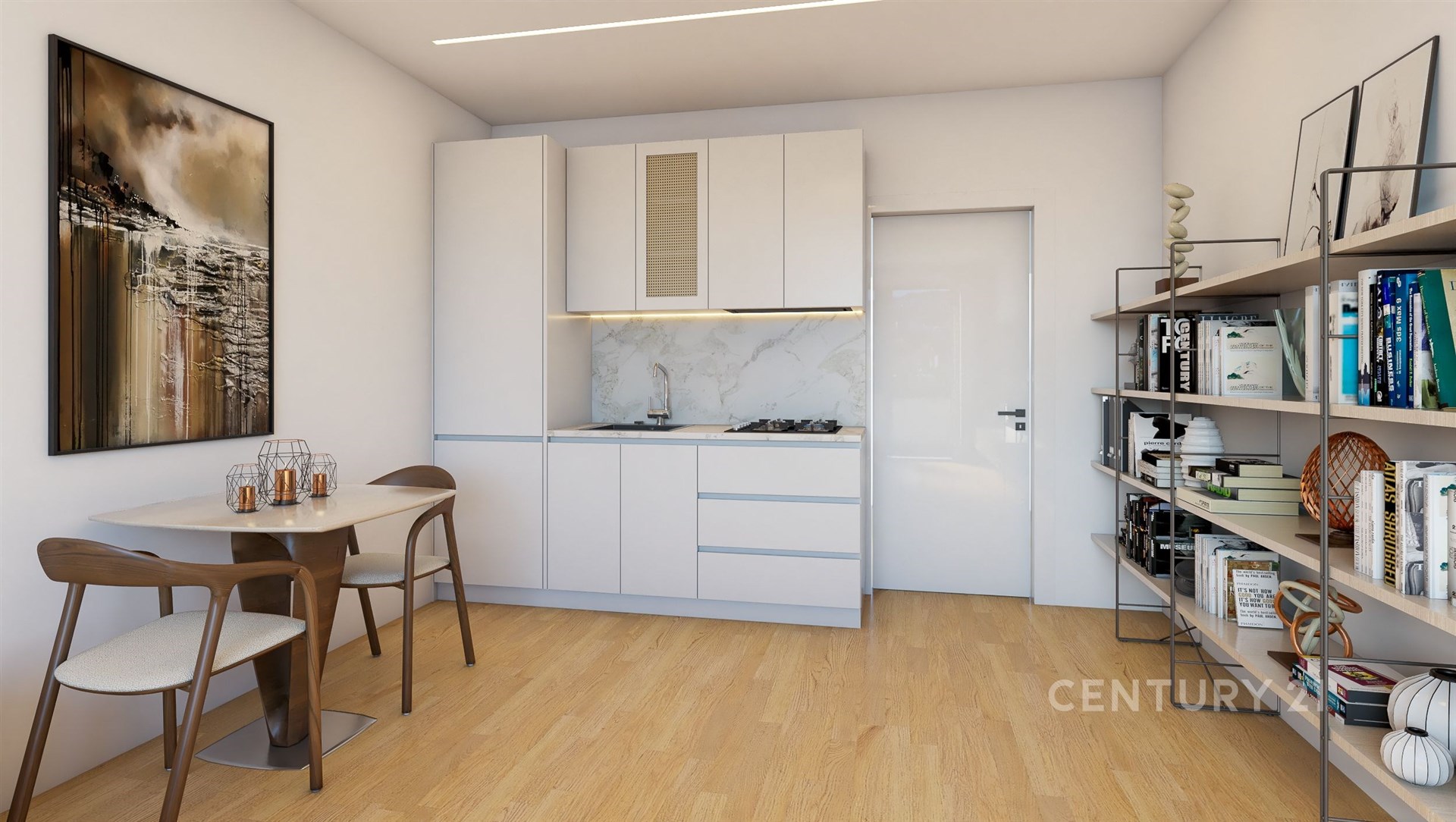 Kuchyňský kout s moderními skříňkami, parketovou podlahou a velkým oknem. Stylová dekorace a regály na knihy vytváří útulné prostředí.