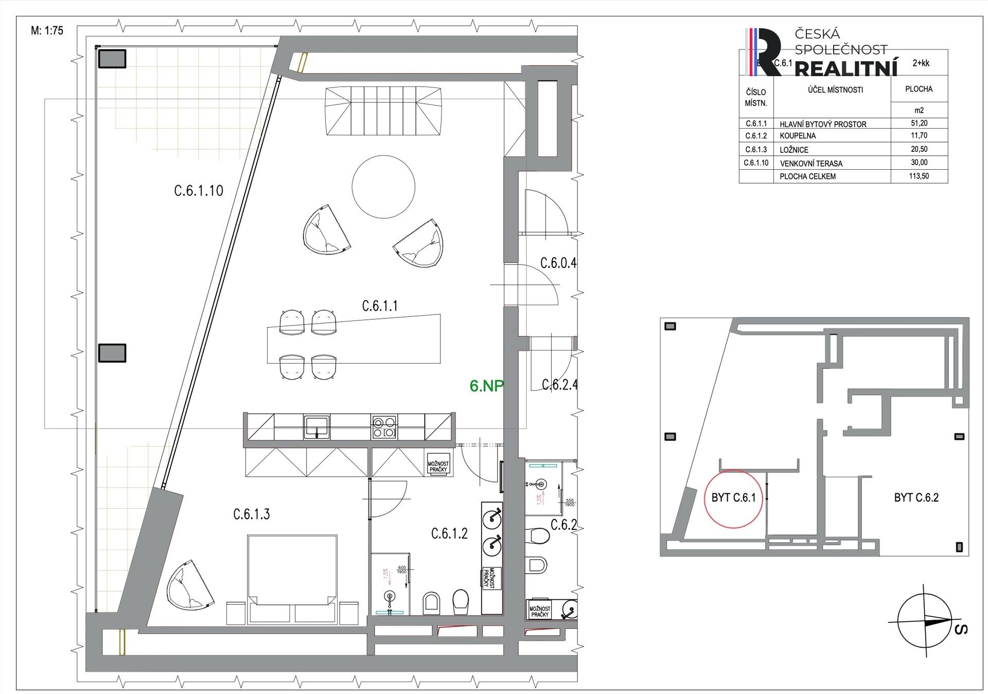 Prodej, Byt 2+kk s terasou a parkovacím místem, 113,10  m2, Zlín - Lorencova ul.