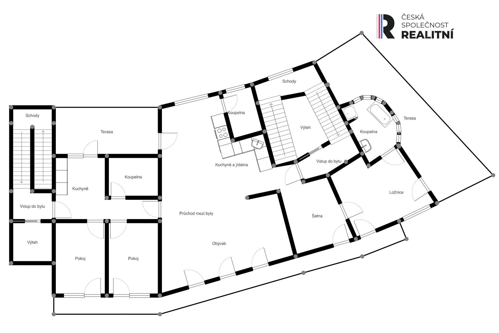 Prodej výjimečně prostorného bytu 3+2 se 3 koupelnami a terasami v srdci Kroměříže na náměstí Míru.