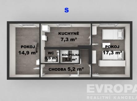3D půdorys | Pronájem bytu, 2+1, 48 m²