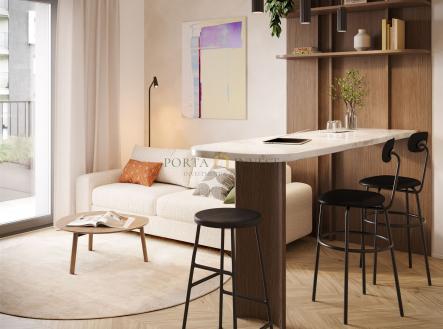 Světlý obývací pokoj s moderním nábytkem, parketovou podlahou a velkými okny, které poskytují dostatek přirozeného světla, útulný a elegantní prostor | Prodej bytu, 1+kk, 29 m²