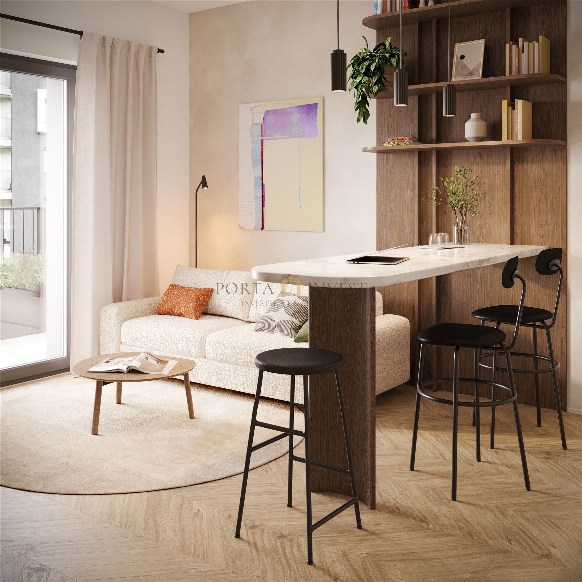 Světlý obývací pokoj s moderním nábytkem, parketovou podlahou a velkými okny, které poskytují dostatek přirozeného světla, útulný a elegantní prostor
