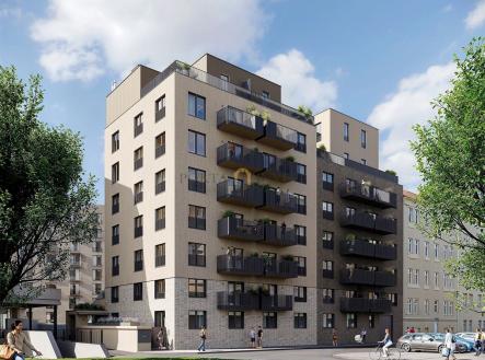 Moderní bytový dům s balkony, cihlová fasáda, velká okna; moderní architektura, městské prostředí. | Prodej bytu, 1+kk, 29 m²
