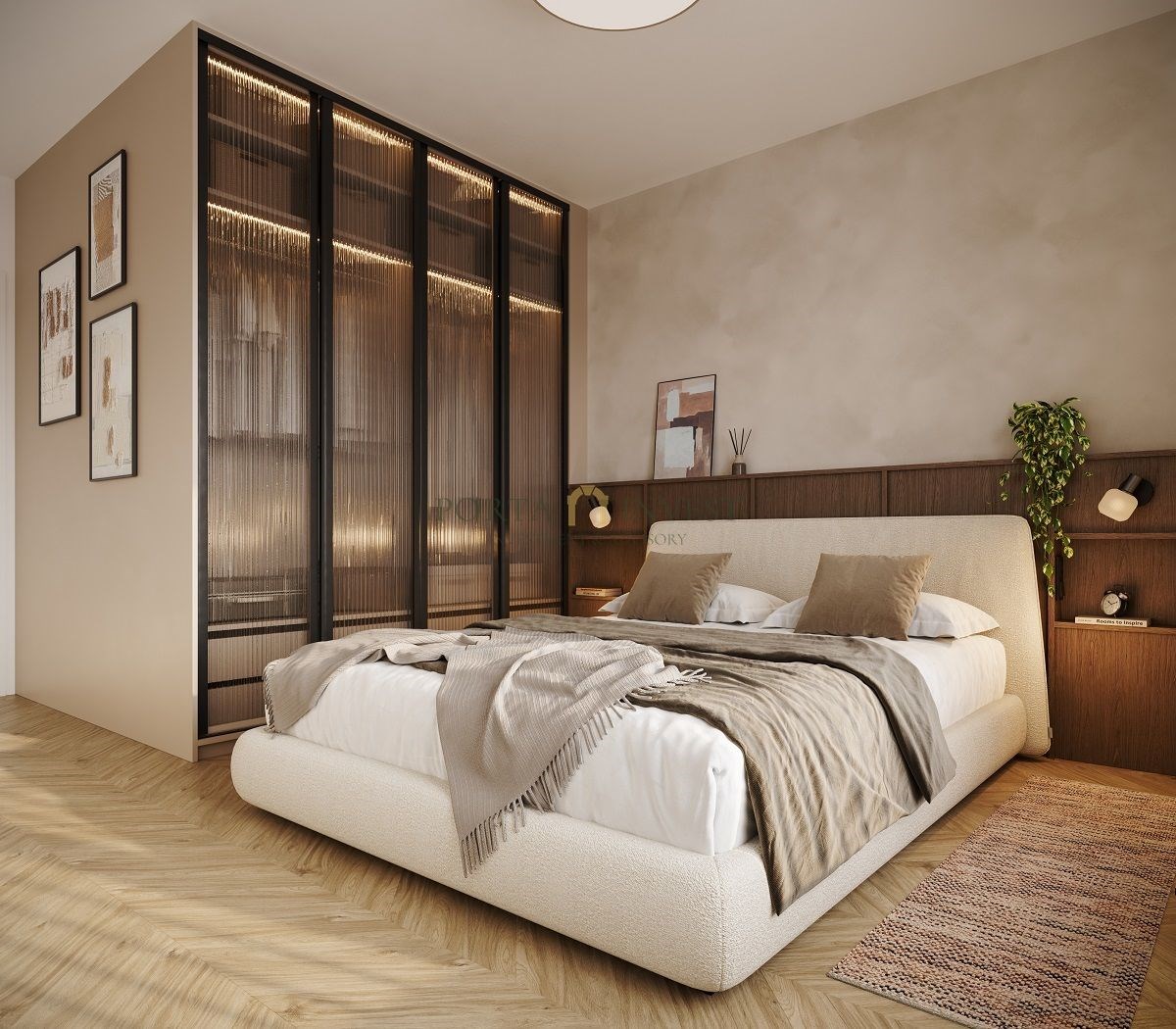 Prostorná ložnice s parketovou podlahou, vestavěnými skříněmi a moderním designem nabízí klidné a stylové prostředí pro odpočinek.