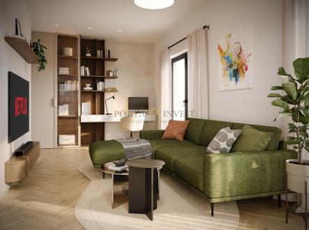 Světlý obývací pokoj s parketovou podlahou, moderní zelená pohovka a velká okna. Minimalistický design s pracovním koutem a knihovnou. | Prodej bytu, 2+kk, 47 m²