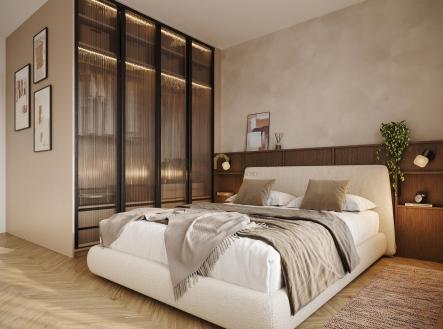 Prostorná ložnice s parketovou podlahou, vestavěné skříně s prosklenými dveřmi, moderní design a jemné osvětlení vytvářejí útulnou atmosféru. | Prodej bytu, 2+kk, 47 m²