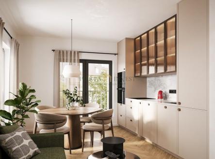 Světlý obývací pokoj s moderní kuchyní, parketová podlaha, velká okna a elegantní nábytek, propojený se zeleným balkonem. | Prodej bytu, 2+kk, 47 m²