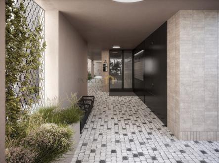 Vstupní prostor s moderní dlažbou, světlými stěnami a dekorativními rostlinami, nabízí elegantní vzhled a profesionální design. | Prodej bytu, 2+kk, 47 m²