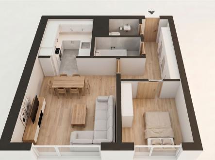 3D půdorys - vizualizace | Prodej bytu, 2+kk, 43 m²
