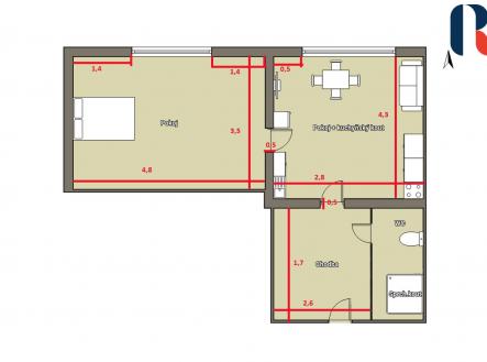 Půdorys-+-koty | Prodej bytu, 1+1, 43 m²