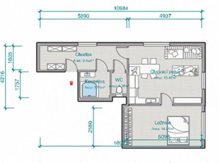 Půdorys bytu | Prodej bytu, 2+kk, 52 m²