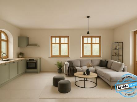 Vizualizace Obývací pokoj s kuchyňským koutem | Prodej - chata/rekreační objekt, 141 m²