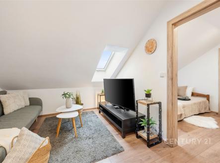 Podkrovní obývací pokoj s dřevěnou podlahou, velkým střešním oknem a moderním nábytkem, propojený s útulnou ložnicí. | Prodej bytu, 3+kk, 45 m²