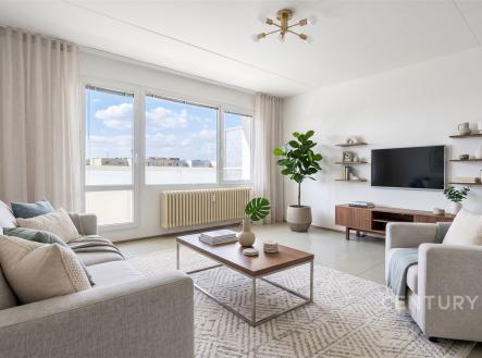 Světlý obývací pokoj s parketovou podlahou, velká okna, moderní design, útulná sedací souprava a stylové osvětlení, včetně dekorativní rostliny. | Prodej bytu, 3+1, 70 m²
