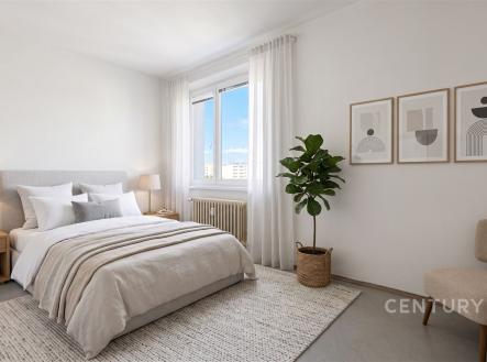 Světlá ložnice s moderním designem, obsahuje velká okna a parketovou podlahu, minimalistický nábytek a dekorace v neutrálních barvách. | Prodej bytu, 3+1, 70 m²
