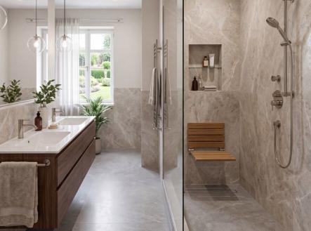 Luxusní koupelna s velkou prosklenou sprchou, mramorovými stěnami a moderním dřevěným nábytkem, světlý interiér a elegantní design. | Prodej - dům/vila, 100 m²