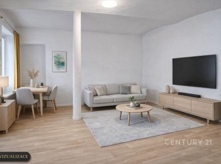 Světlý obývací pokoj s parketovou podlahou, moderním nábytkem a velkou televizí, nabízí prostor pro relaxaci i jídelní kout s elegantním stolem. | Prodej - dům/vila, 160 m²