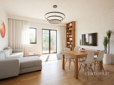 Světlý obývací pokoj s parketovou podlahou, velká okna a moderní nábytek. Elegantní bílá cihlová zeď doplňuje stylový design. | Prodej bytu, 2+kk, 109 m²