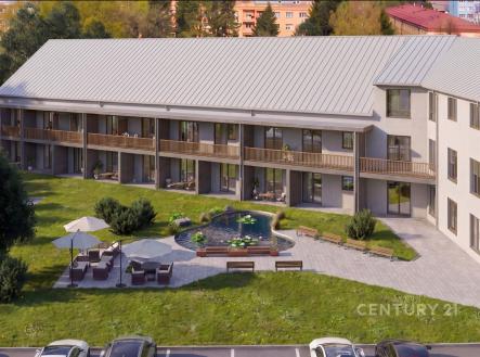 Prostorný bytový komplex s moderní fasádou, dřevěnými balkony a krásným jezírkem na pozemku, ideální pro klidné bydlení v přírodě. | Prodej bytu, 2+kk, 109 m²