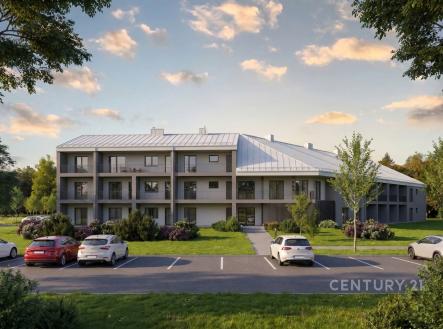 Moderní bytový komplex s velkými okny, parkovacími místy a upravenou zelení, ideální pro klidné bydlení v přírodě. | Prodej bytu, 2+kk, 109 m²