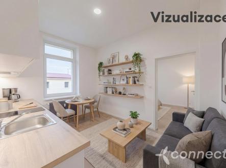 INTERIÉR byt 25 obývák- popisek vizualizace.jpg | Prodej bytu, 2+kk, 43,2 m²