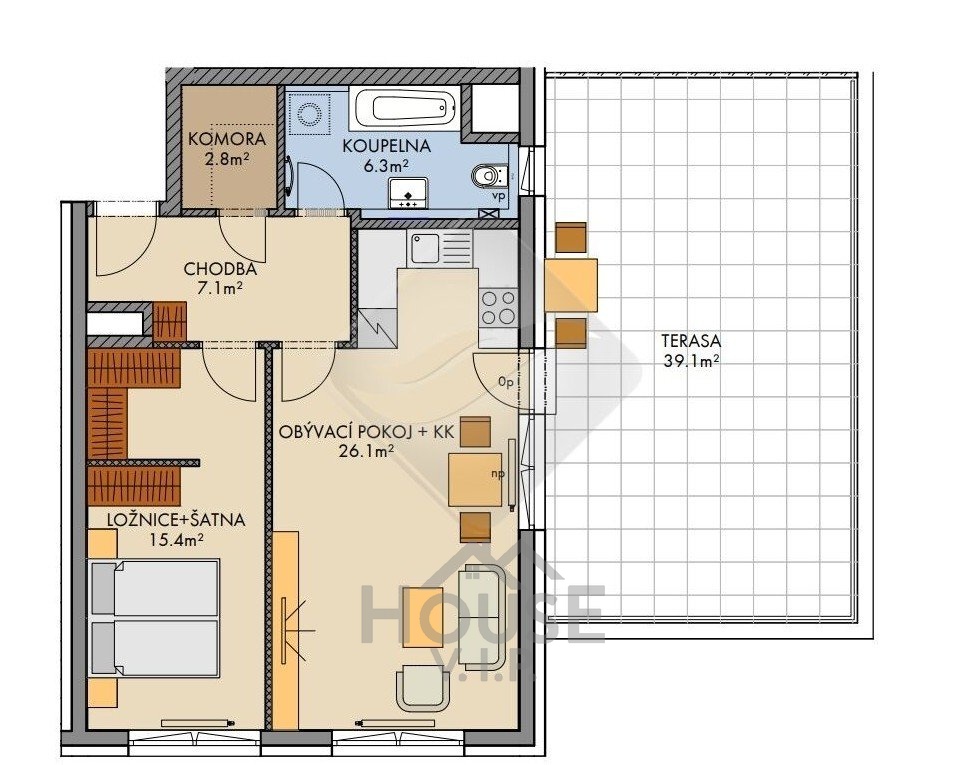 Prodej bytu 2+kk, 60 m² + terasa 39 m2, Praha 9 - Vysočany,