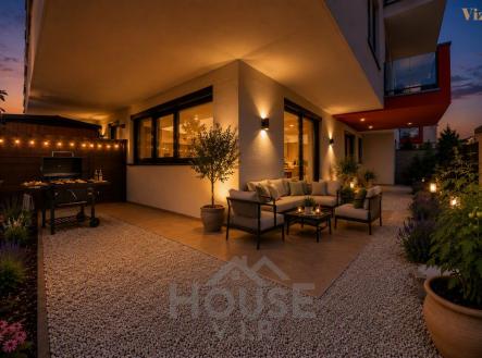 vizualizace zahrady večer | Prodej bytu, 2+kk, 52 m²